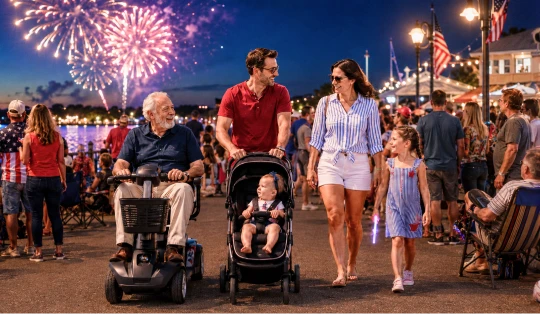 A multi-generational family walks along a crowded, lively boardwalk at night during a 4th of July celebration, with vibrant fireworks bursting in the sky over the water in the background. In the foreground, an older man with white hair smiles while riding a black mobility scooter. Next to him, a man in a red t-shirt pushes a toddler in a stroller. Beside them, a woman in a blue-and-white striped shirt and white shorts walks next to a young girl in a blue striped dress who holds a glowing purple light stick. The boardwalk is filled with other spectators, illuminated by warm string lights and street lamps, with an American flag visible on the right.